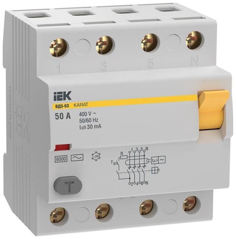 IEK MDV20-4-050-030 Выключатель дифференциальный (УЗО) ВД3-63 4P 50А 30мА 6кА тип АС KARAT