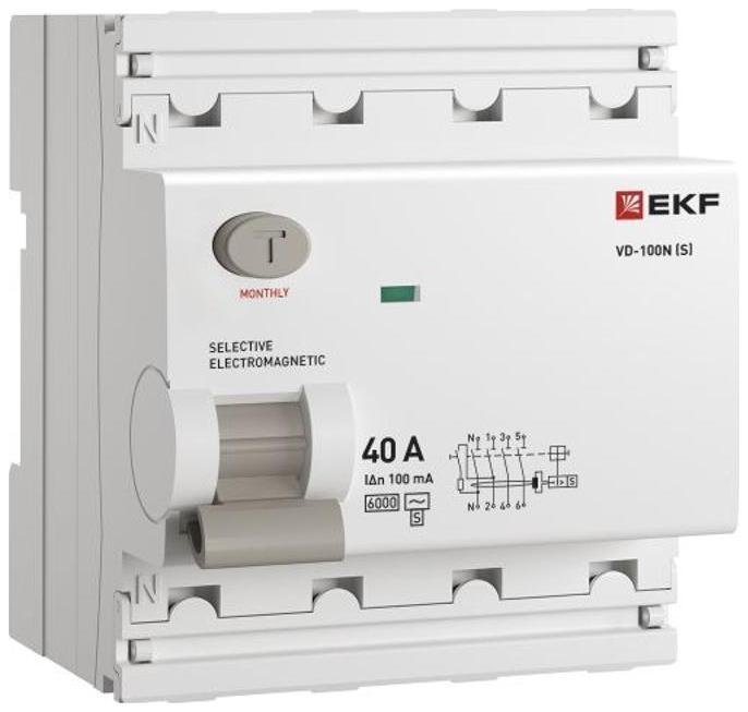 EKF E1046MS40100 Выключатель дифференциального тока (УЗО) ВД-100N (S) 4P 40А 100мА тип AC эл-мех 6кА PROXIMA