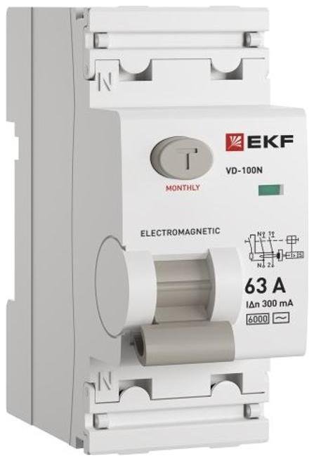 EKF E1026M63300 Выключатель дифференциального тока (УЗО) ВД-100N 2P 63А 300мА тип AC эл-мех 6кА PROXIMA