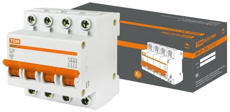 TDM electric SQ0218-0032 Выключатель автоматический четырехполюсный ВА47-63 25А C 4,5кА [в упаковке 3, цена за 1 шт]