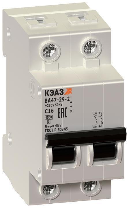 КЭАЗ 141600 Выключатель автоматический двухполюсный ВА47-29 40А C 4,5кА (ВА47-29-2C40-УХЛ3)