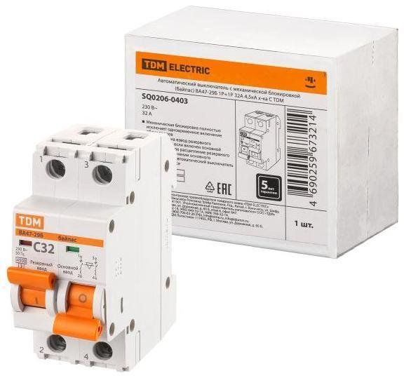 TDM electric SQ0206-0403 Выключатель автоматический с механической блокировкой (байпас) ВА47-29Б 1Р+1Р 32А 4,5кА х-ка C