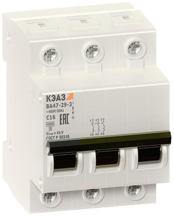 КЭАЗ 253069 Выключатель автоматический трехполюсный ВА47-29 63А B 4,5кА (ВА47-29-3B63-УХЛ3)