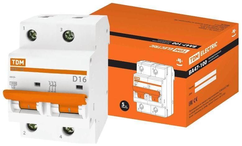 TDM electric SQ0207-0013 Выключатель автоматический двухполюсный ВА47-100 16А D 10кА