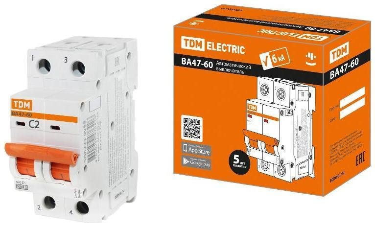 TDM electric SQ0223-0085 Выключатель автоматический двухполюсный ВА47-60 2Р 2А 6кА х-ка С
