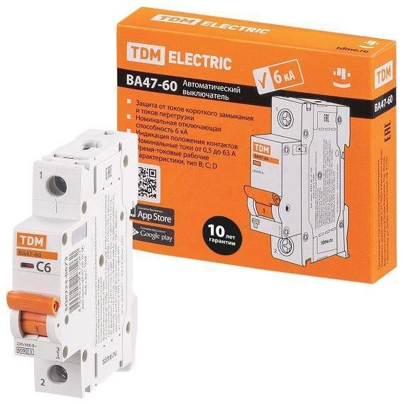 TDM electric SQ0223-0073 Выключатель автоматический однополюсный ВА47-60 1Р 6А 6кА х-ка С