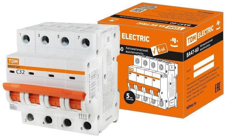 TDM electric SQ0223-0128 Выключатель автоматический четырехполюсный ВА47-60 4Р 32А 6кА х-ка С