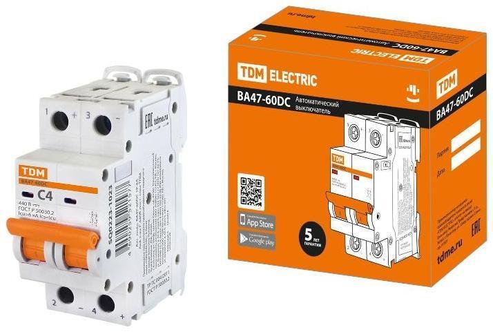 TDM electric SQ0223-1023 Выключатель автоматический двухполюсный ВА47-60DC 2P 4А 6кА х-ка С