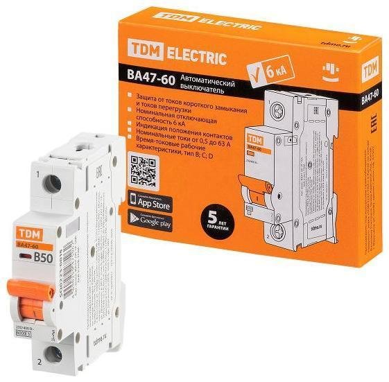 TDM electric SQ0223-0015 Выключатель автоматический однополюсный ВА47-60 1Р 50А 6кА х-ка В
