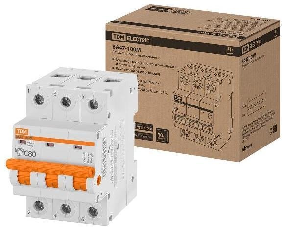 TDM electric SQ0207-0106 Выключатель автоматичесикй ВА47-100М 3Р 80А 10кА х-ка C