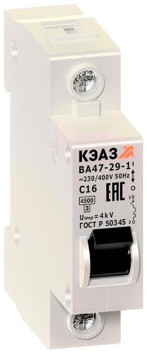 КЭАЗ 141590 Выключатель автоматический однополюсный ВА47-29 63А C 4,5кА (ВА47-29-1C63-УХЛ3)