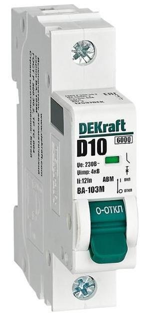 DEKraft 12537DEK Выключатель автоматический без теплозащиты однополюсный ВА-103М 1P 10А характеристика D 6кА