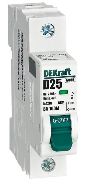 DEKraft 12540DEK Выключатель автоматический без теплозащиты однополюсный ВА-103М 1P 25А характеристика D 6кА