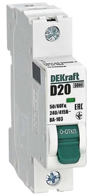 DEKraft 12338DEK Выключатель автоматический однополюсный ВА-103 1Р 20А характеристика D 6кА