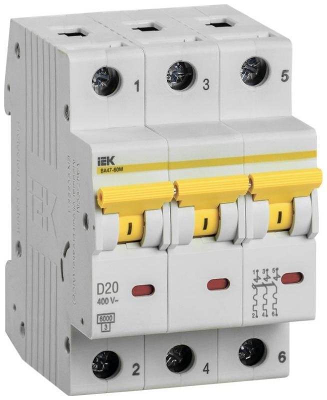 IEK MVA31-3-020-D Выключатель автоматический трехполюсный ВА47-60M 20А D 6кА KARAT