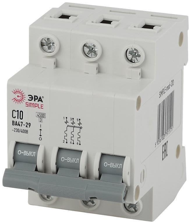 Эра Б0039237 Выключатель автоматический трехполюсный SIMPLE-mod-20 ВА47-29 3P 10А 4,5кА характеристика C SIMPLE
