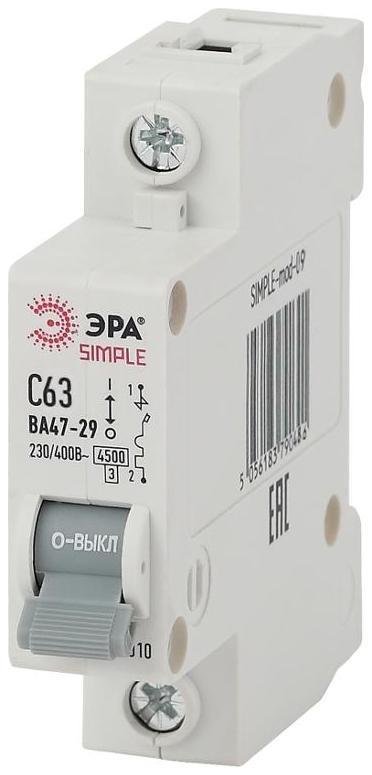 Эра Б0039226 Выключатель автоматический однополюсный SIMPLE-mod-09 ВА47-29 1P 63А 4,5кА характеристика C SIMPLE