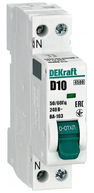 DEKraft 12408DEK Автоматический выключатель однополюсный ВА-103(1+N) 10А D 4,5кА [в упаковке 12, цена за 1 шт]