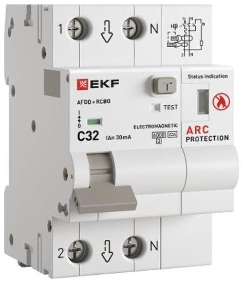 EKF afdd-rcbo-2-32C-30em-pro Устройство защиты от дугового пробоя с автоматическим выключателем дифференциального тока (УЗДП + АВДТ) 1P+N 32А 30мА характеристика С тип А 6 кА PROX