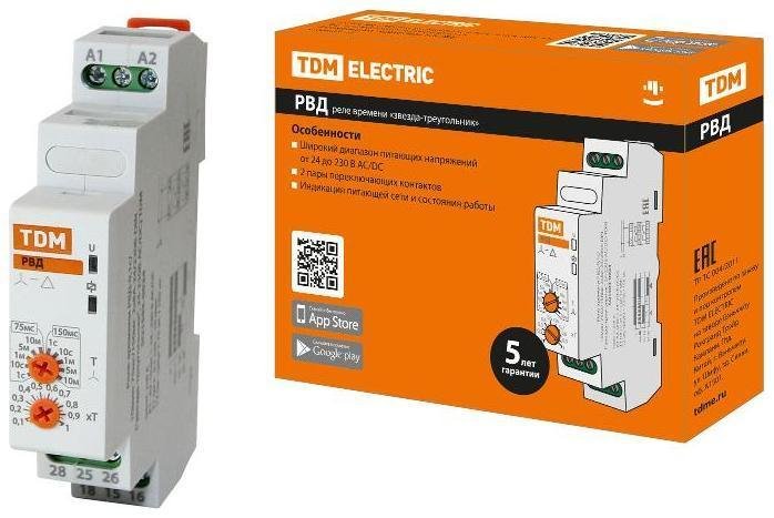TDM electric SQ1503-0024 Реле времени РВД-0,1с/10мин-75мс/150мс-2х8А-24/230В-DIN ("звезда-треугольник", 24-230В АС/DC)