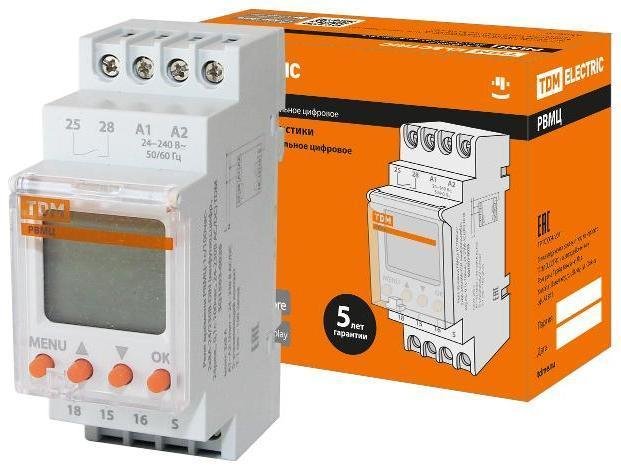 TDM electric SQ1503-0026 Реле времени РВМЦ-1с/100час-2х8А-24/230В-DIN (мнф.цифр., 24реж., 1с-100час, 24-230В АС/DC)