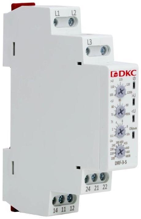 DKC DRF-3-5 Реле контроля фаз, 3 фазы, тип DRF, контроль напряжения, обрыва фаз, конфигурация контакта 2CO, 208-480В