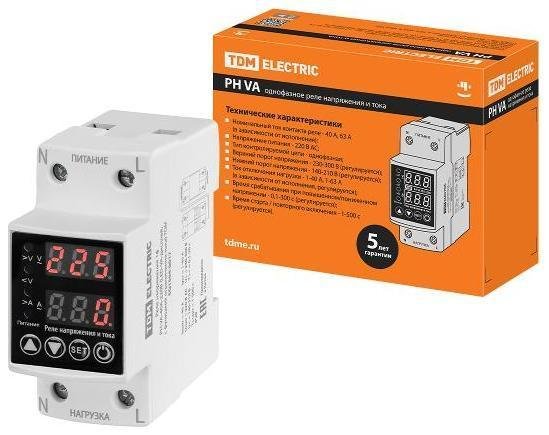 TDM electric SQ1504-0017 Реле напряжения 1ф РН VA-40А-220В (LED-VA-дисплей, с функцией ограничения тока)