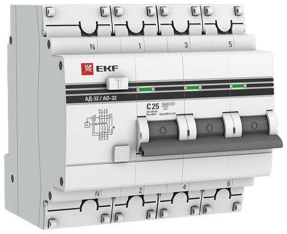 EKF DA32-25-30-4P-pro Выключатель автоматический дифференциального тока 4п (3P+N) C 25А 30мА тип AC 4.5кА АД-32 защита 270В электрон. PROxima