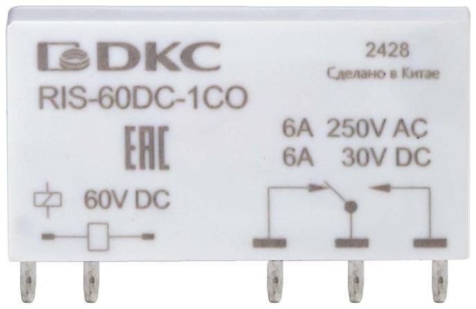 DKC RIS-60DC-1CO Реле миниатюрное ультратонкое, 1CO, ком. ток 6А, AgSnO2, напряжение 60V DC [в упаковке 20, цена за 1 шт]