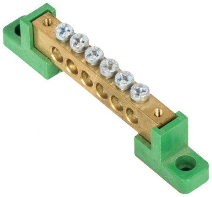 EKF sn0-125-06-2-pe Шина "0" PE 8x12мм 6 отверстий латунь с контактной пластиной 2 зелёных угловых изолятора PROxima|sn0-125-06-2-pe|EKF [в упаковке 540, цена за 1 шт]