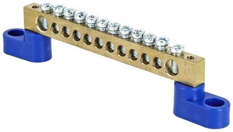 EKF sn0-63-12-2-r Шина "0" N (6х9мм) 12 отверстий латунь 2 синих угловых изолятора розничный стикер PROxima