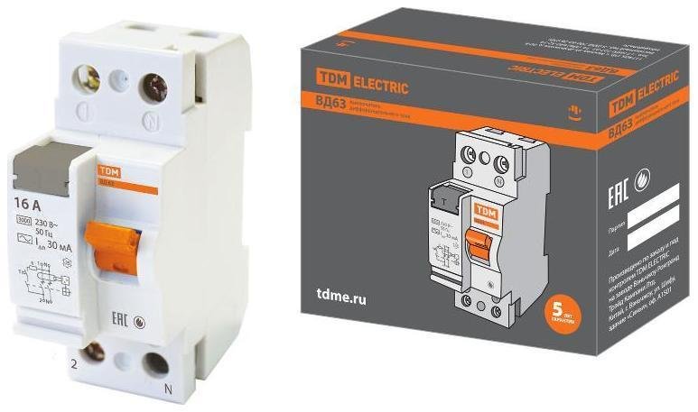 TDM electric SQ0220-0001 Выключатель дифференциальный (УЗО) ВД63 2п 16А 30мА тип AC (электронный)