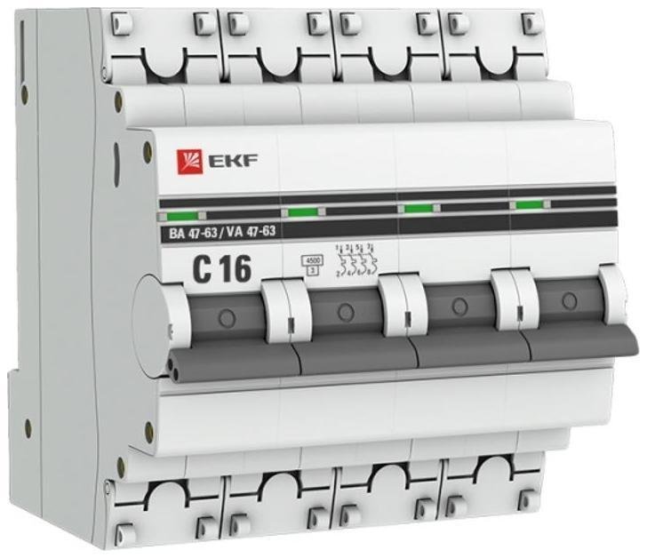 EKF mcb4763-4-16C-pro Выключатель автоматический четырехполюсный ВА 47-63 16А C 4,5кА PROxima