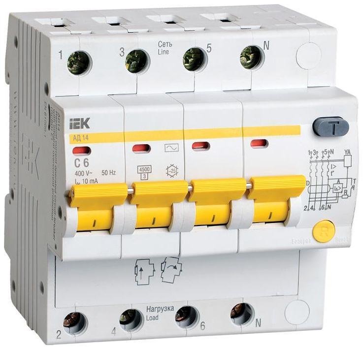 IEK MAD10-4-006-C-010 Выключатель автоматический дифференциального тока АД14 4п 6А C 10мА тип AC (5 мод)