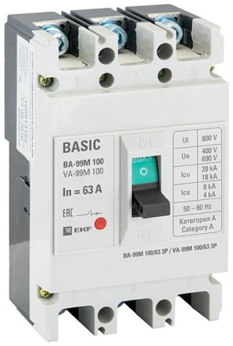 EKF mccb99-100-63m-ma Выключатель автоматический ВА-99М 100/63А 3P 35кА с электромагнитным расцепителем PROxima