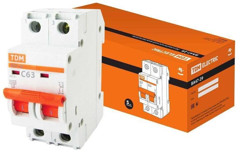 TDM electric SQ0206-0099 Выключатель автоматический двухполюсный ВА47-29 63А C 4,5кА [в упаковке 6, цена за 1 шт]