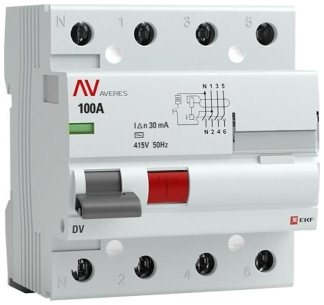 EKF rccb-4-100-30-ac-av Выключатель дифференциальный (УЗО) DV 4п 100А 30мА тип AC AVERES [в упаковке 30, цена за 1 шт]