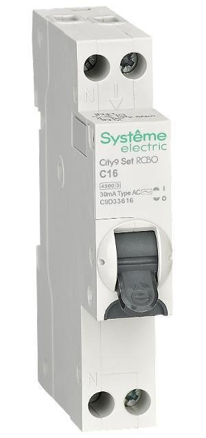 Systeme Electric C9D33616 АВДТ City9 1П+Н C16 4500A 30мА AC 18мм