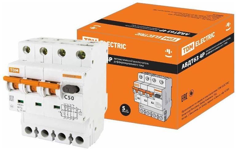 TDM electric SQ0202-0052 Выключатель автоматический дифференциального тока АВДТ 63 3п+N 50А C 30мА тип A