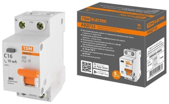 TDM electric SQ0202-0502 Выключатель автоматический дифференциального тока АВДТ 32 1п+N 16А C 10мА тип АС 4,5кА