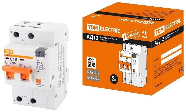 TDM electric SQ0204-0105 Выключатель автоматический дифференциального тока АД12 2Р 16А 10мА