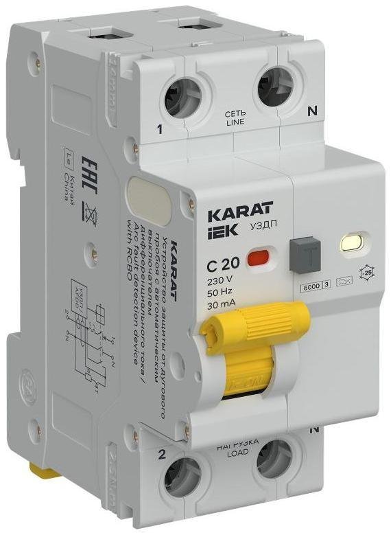 IEK KA-DP12-1-020-C-030-A KARAT УЗДП с АВДТ 1P+N C 20А 30мА тип A [в упакове 60, цена за 1 шт]