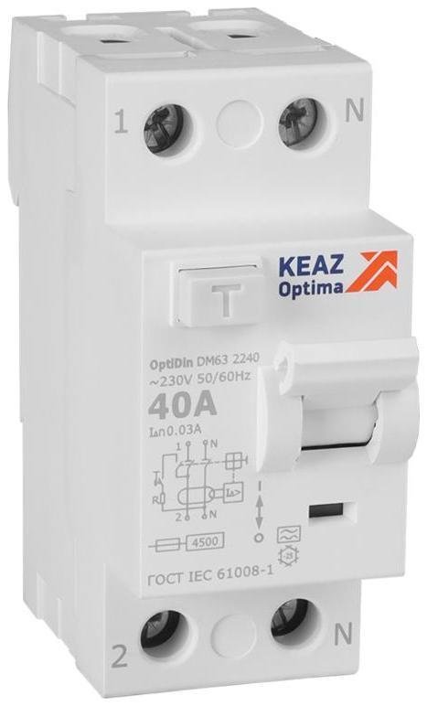 КЭАЗ 343913 Выключатель дифференциального токаOptiDin DM63-2240-A-4,5-УХЛ4 (2P, 40, 30mA)