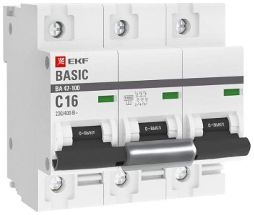 EKF mcb47100-3-16C-bas Выключатель автоматический трехполюсный 3P 16А (C) 10kA ВА 47-100 Basic