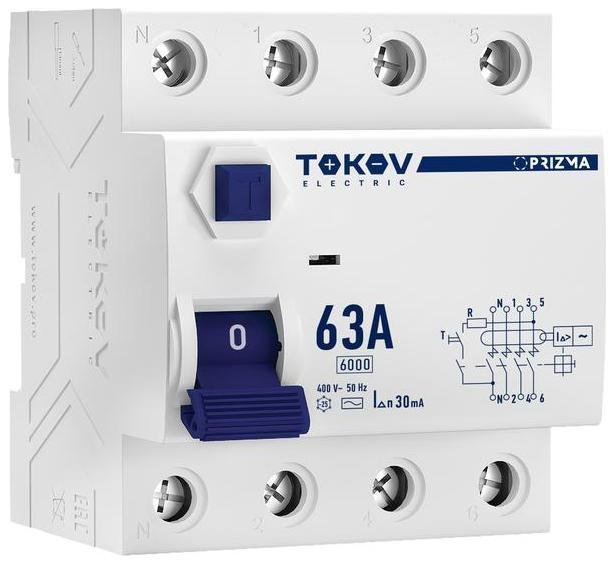 TOKOV electric TKE-PZ60-RCDM-4-63-30-AC Выключатель дифференциального тока (УЗО) 4п (3P+N) 63А 30мА тип AC 6кА PRIZMA