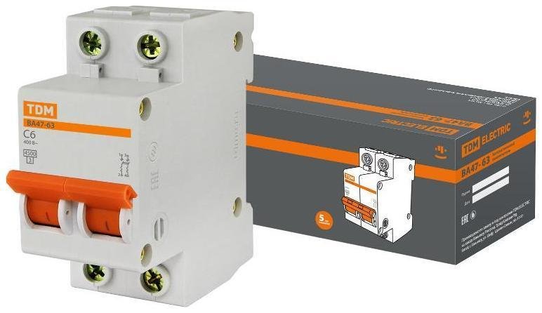 TDM electric SQ0218-0026 Выключатель автоматический двухполюсный ВА47-63 6А C 4,5кА [в упакове 6, цена за 1 шт]