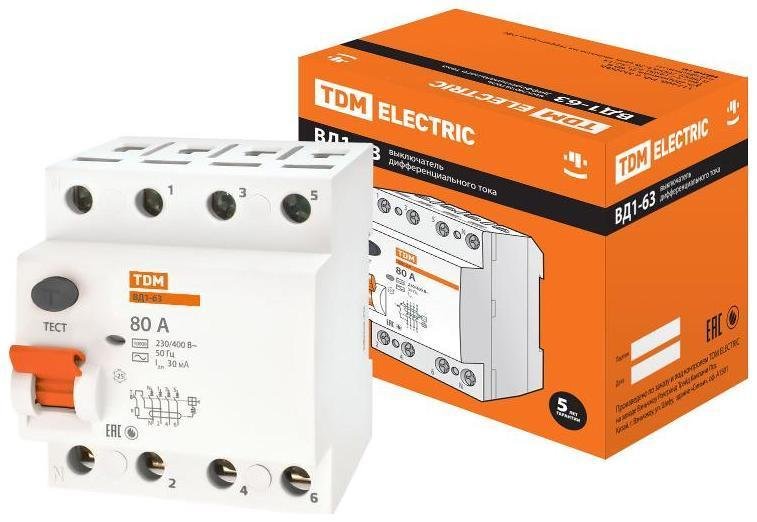 TDM electric SQ0203-0047 Выключатель дифференциальный (УЗО) ВД1-63 4п 80А 30мА тип AC