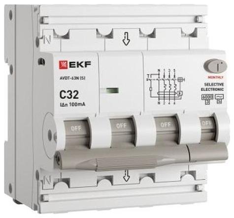 EKF D63N46ES32C100 Выключатель автоматический дифференциального тока селективный АВДТ-63N (S) 3P+N 32А 100мА C тип AC электронный 6кА PROXIMA