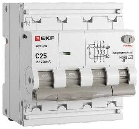 EKF D63N46M25C300 Выключатель автоматический дифференциального тока АВДТ-63N 3P+N 25А 300мА C тип AC электромеханический 6кА PROXIMA