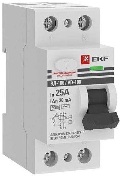EKF elcb-2-6-25-30-em-pro Выключатель дифференциальный (УЗО) ВД-100 2п 25А 30мА (тип АС, эл-мех) 6кА PROximа